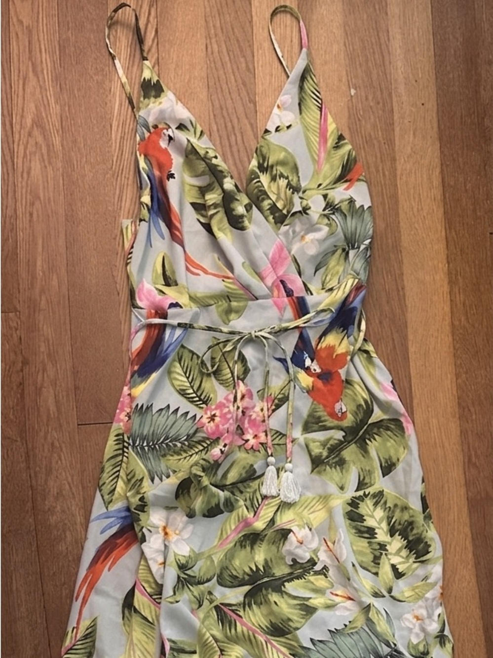Aakaa Tropical Floral Maxi Dress in Light Blue with Green, Pink and Red Accents